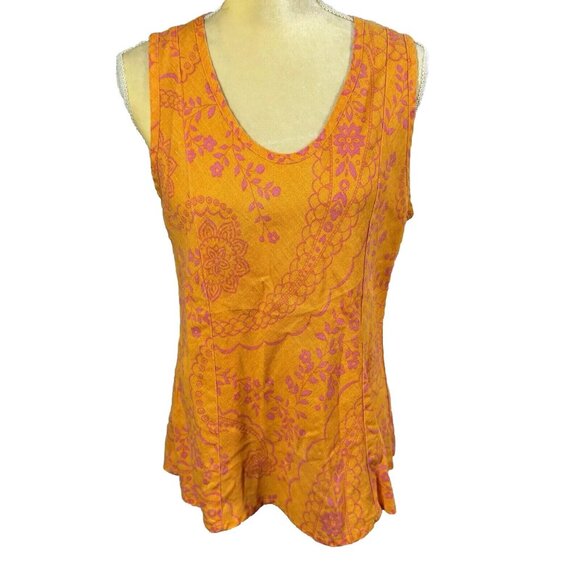 FLAX Linen Tank Small Floral Top Sleeveless Shirt Woven‎ Pullover Orange - Picture 1 of 6